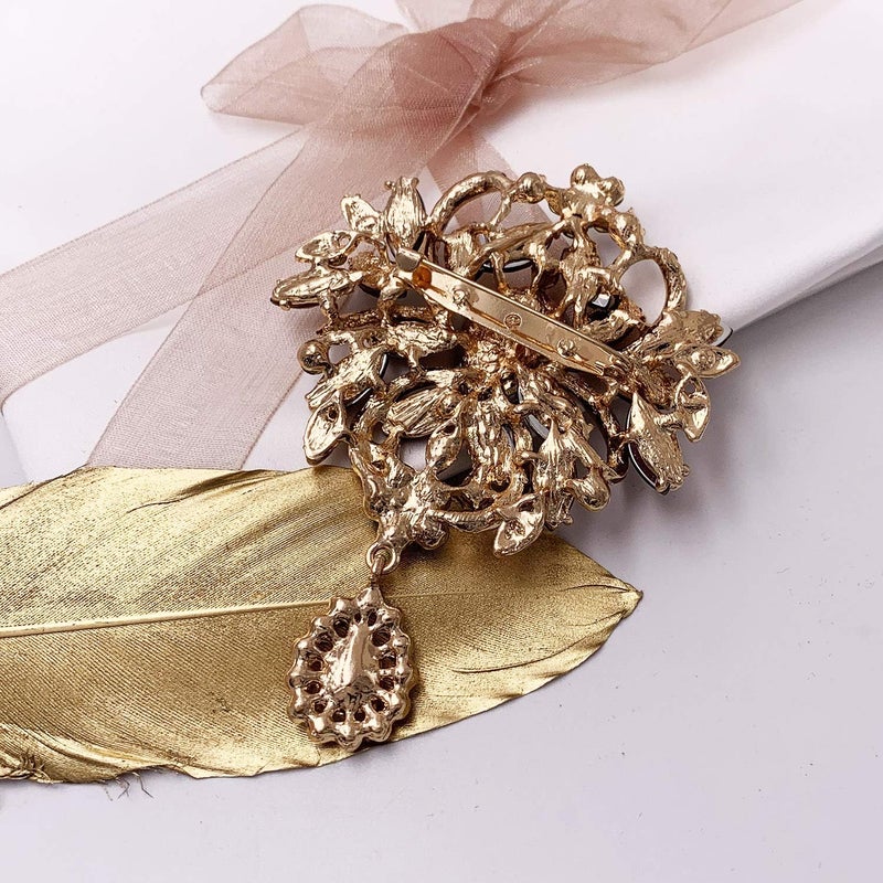 LAXPICOL Wedding Bridal Big Brown Crystal Rhinestone Bouquet Brooch Pin for Women Golden Tone - Image 3
